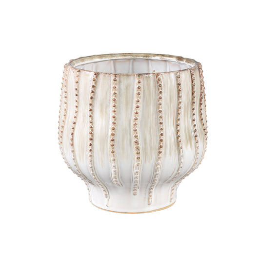 Dell Cream Ceramic Glazed Pot Line Pattern Round L