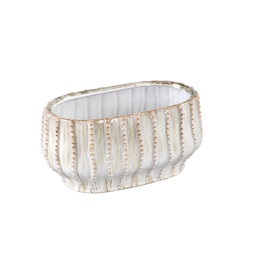 Dell Cream Ceramic Glazed Pot Line Pattern Oval S