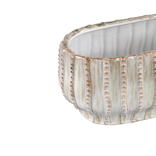 Dell Cream Ceramic Glazed Pot Line Pattern Oval S