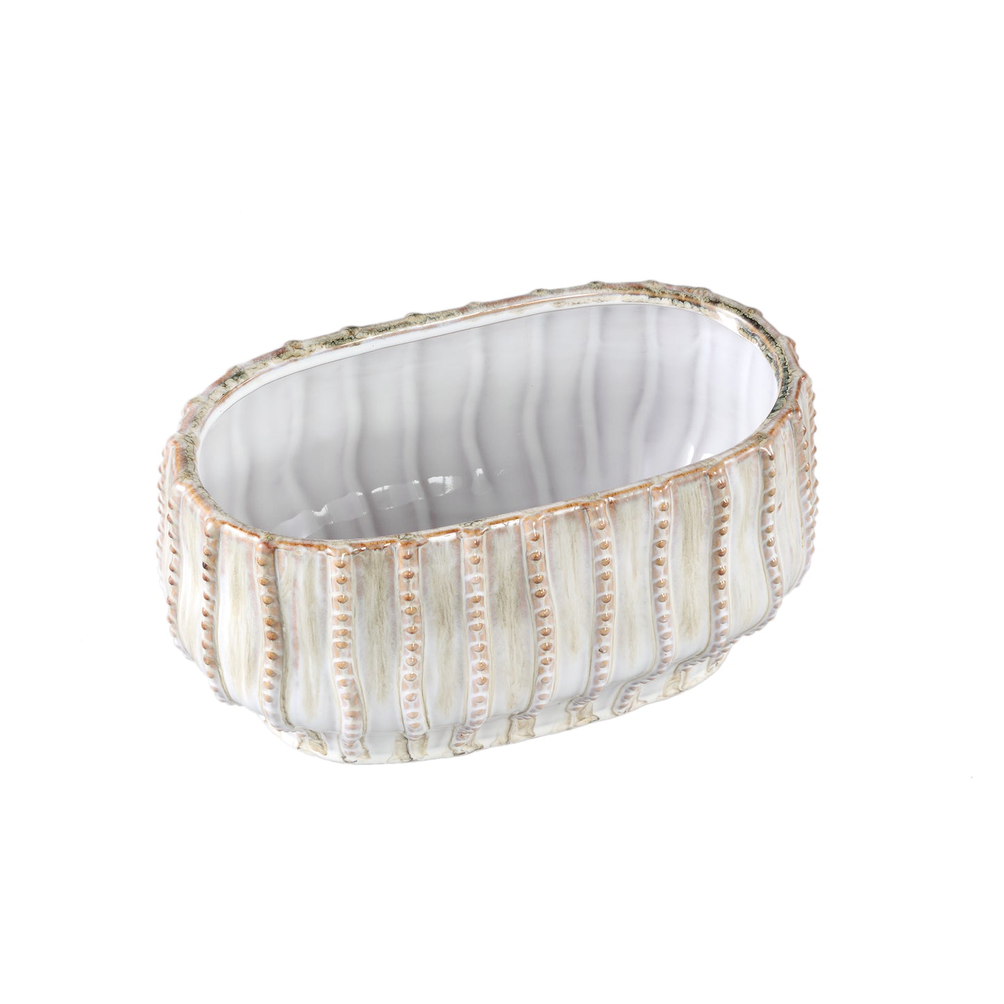 Dell Cream Ceramic Glazed Pot Line Pattern Oval S