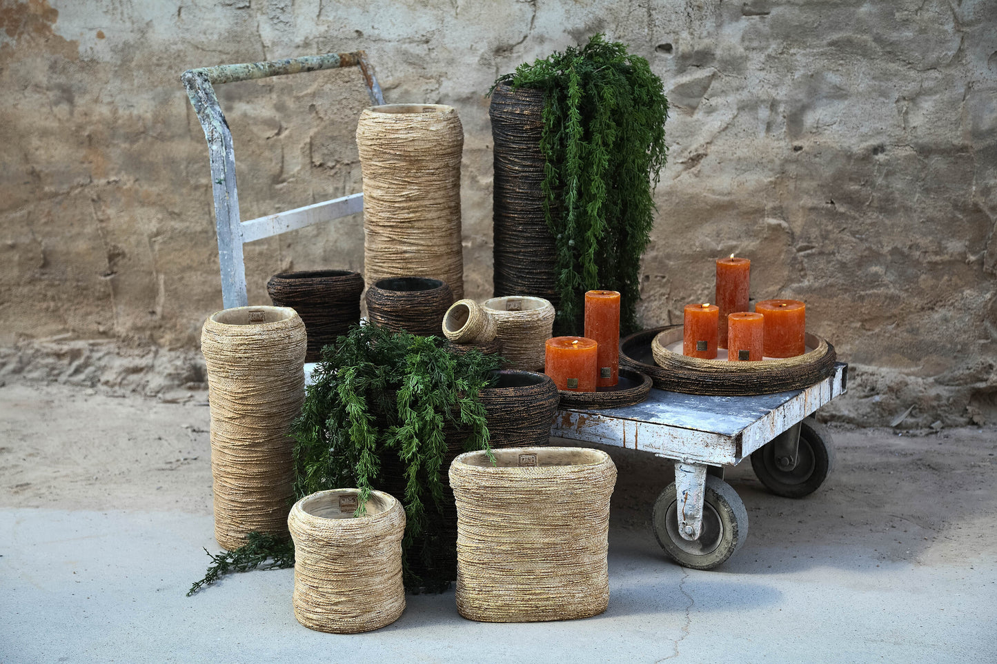 Ricci Brown Cement Pot Ribbed Round High L