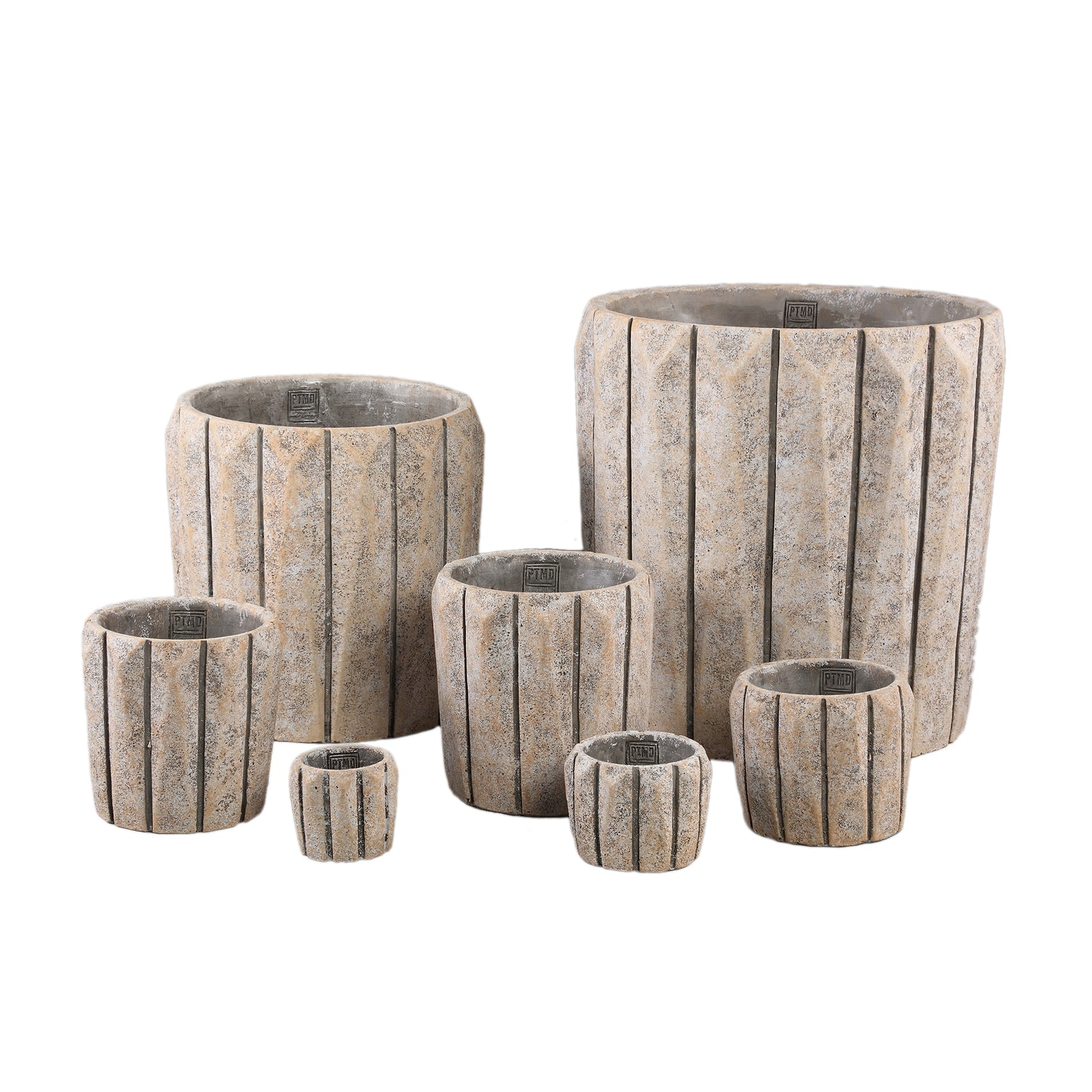 Imani Taupe Cement Pot Rond Met Lijnen S - Set Van 12 Stuks 9x12x12 cm