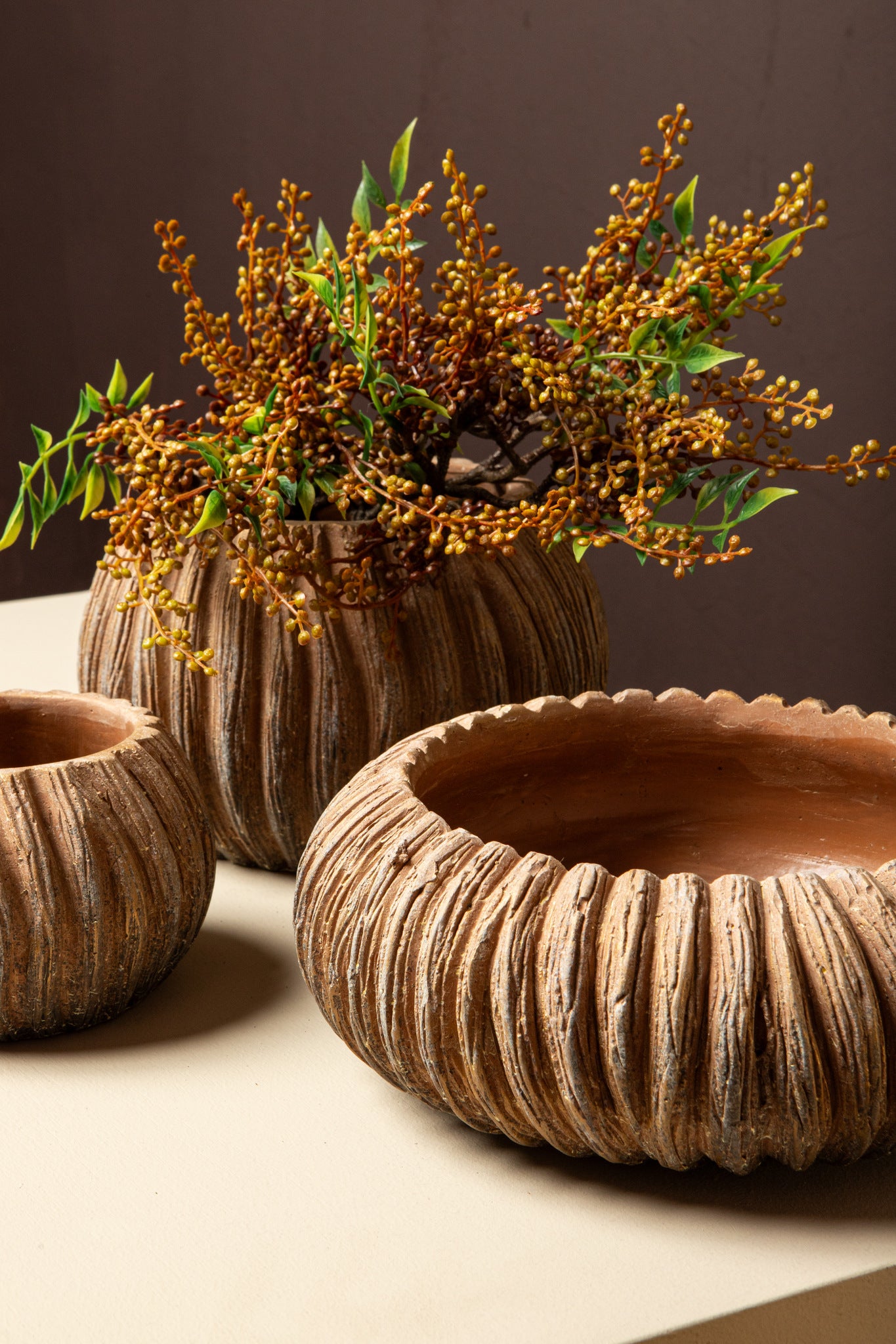 Revil Copper Cement Pot Round With Stripes Low M