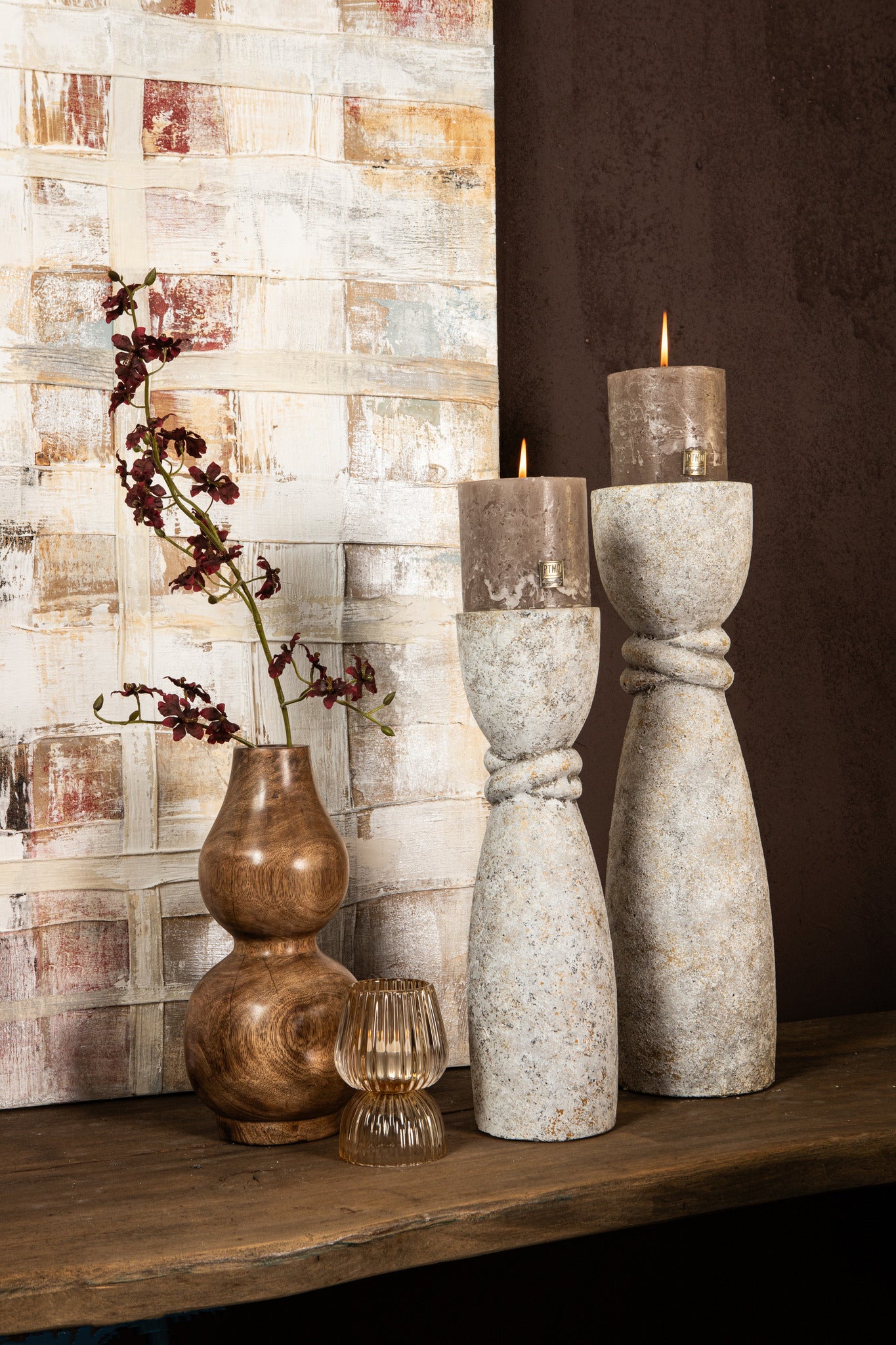 Ornan Grey Cement Candle Holder Round Detail S