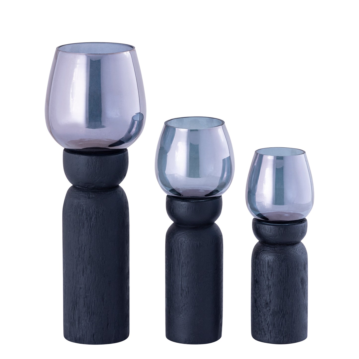 Qez Zwart Mangohout Windlicht Set van 4 Stuks met Rookglas 20x6x6 cm