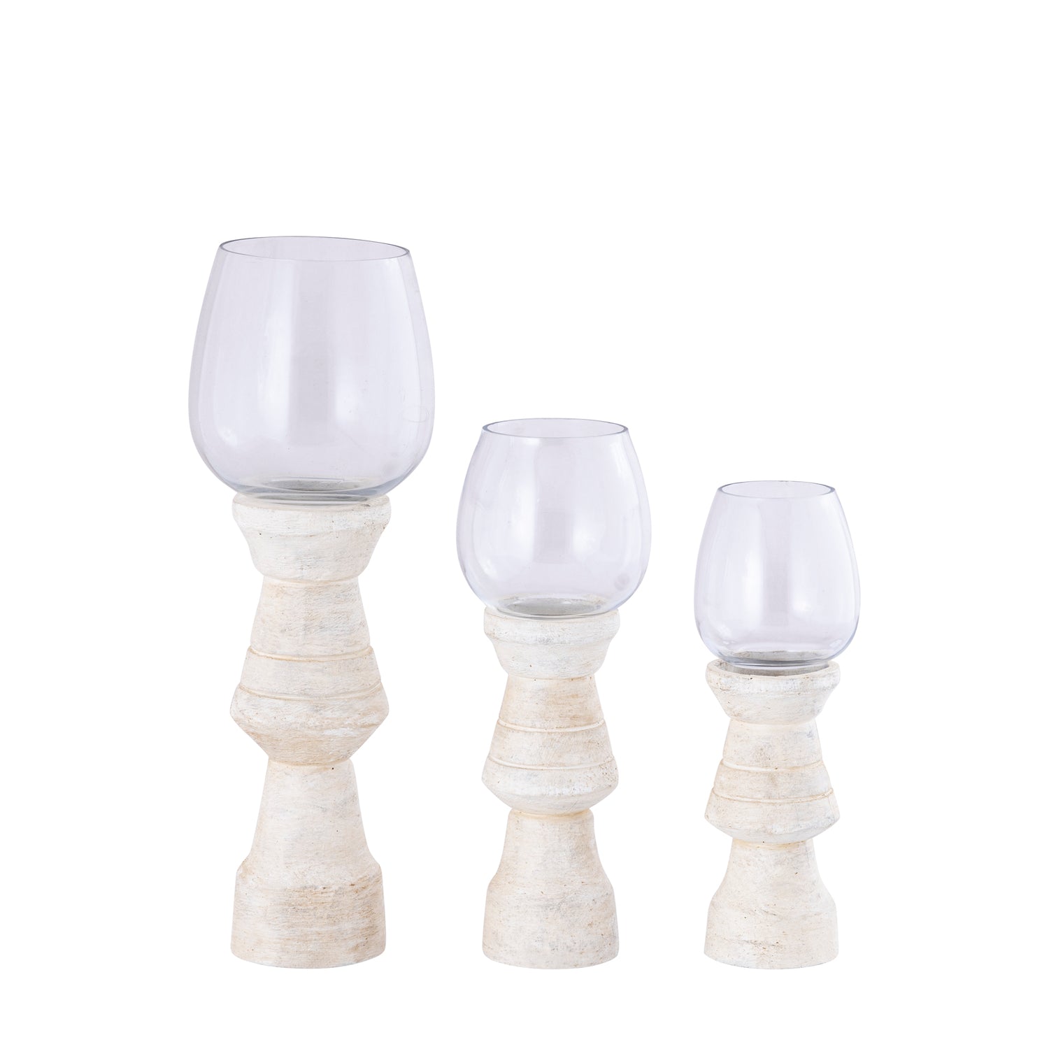 Qez Crème Mangohout Windlicht met Helder Glas Set van 4 Stuks 30x10x10 cm