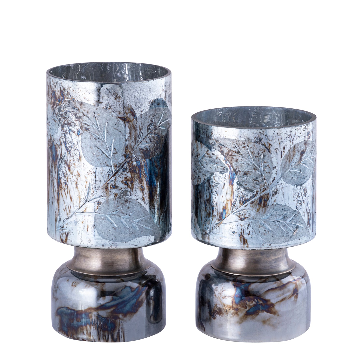 Navanah Blauw Glazen Windlicht Bladmotief Rond Set van 4 Stuks 25x12x12 cm