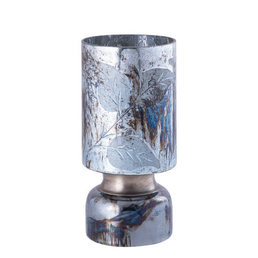 Navanah Blauw Glazen Windlicht Bladmotief Rond Set van 4 Stuks - 4 Sets 25x12x12 cm