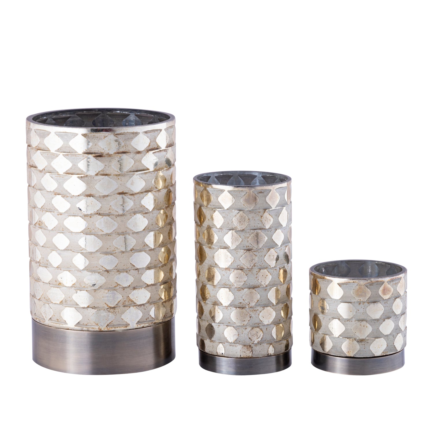 Landyne Gouden Glazen Windlicht met Geetst Patroon en Metalen Voet - Set van 12 10x10x10 cm