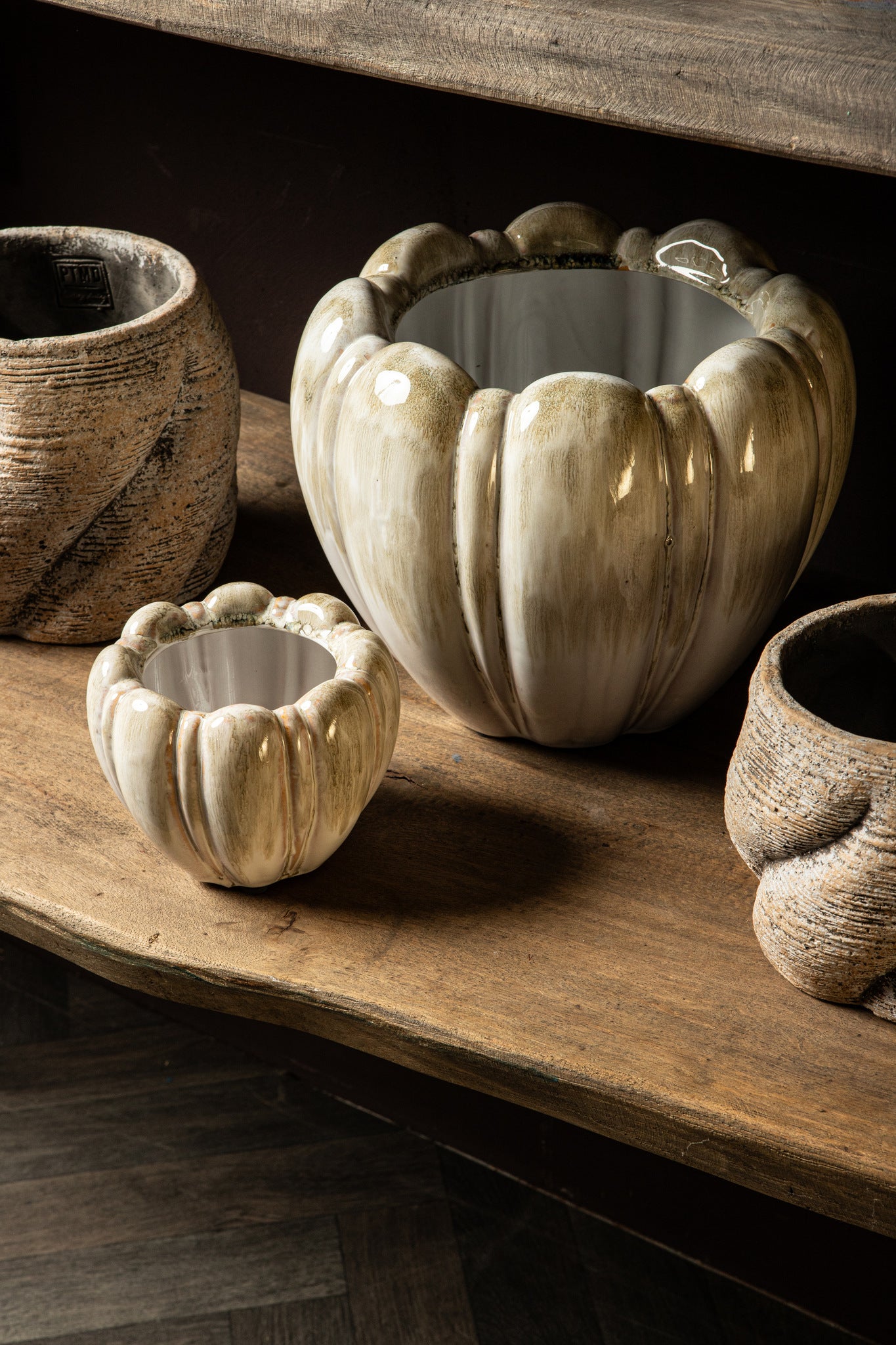 Dugan Cream Ceramic Pot Thick Ribbed Round L