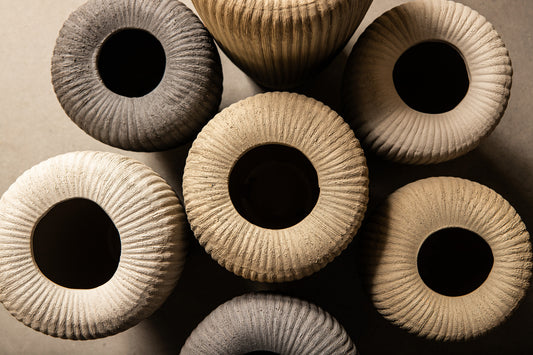 Zinet Taupe Round Ceramic Pot With Lines L