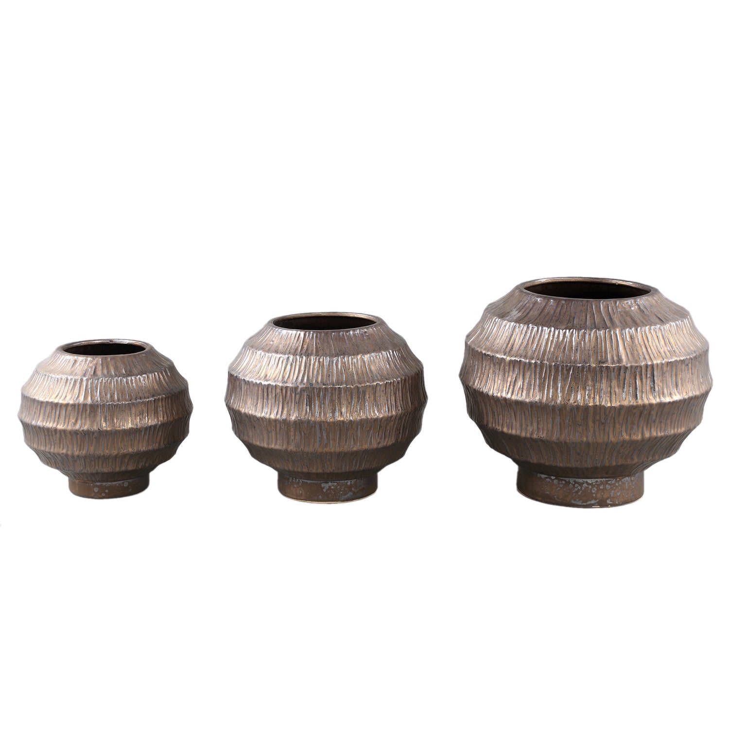 Cherith Brons Ronde Keramische Pot Geribbeld Set van 4 21x23.5x23.5 cm