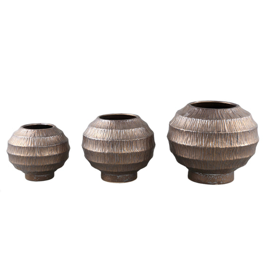 Cherith Bronzen Ronde Keramische Pot Geribd M - Set van 2 Stuks 26x28.5x28.5 cm
