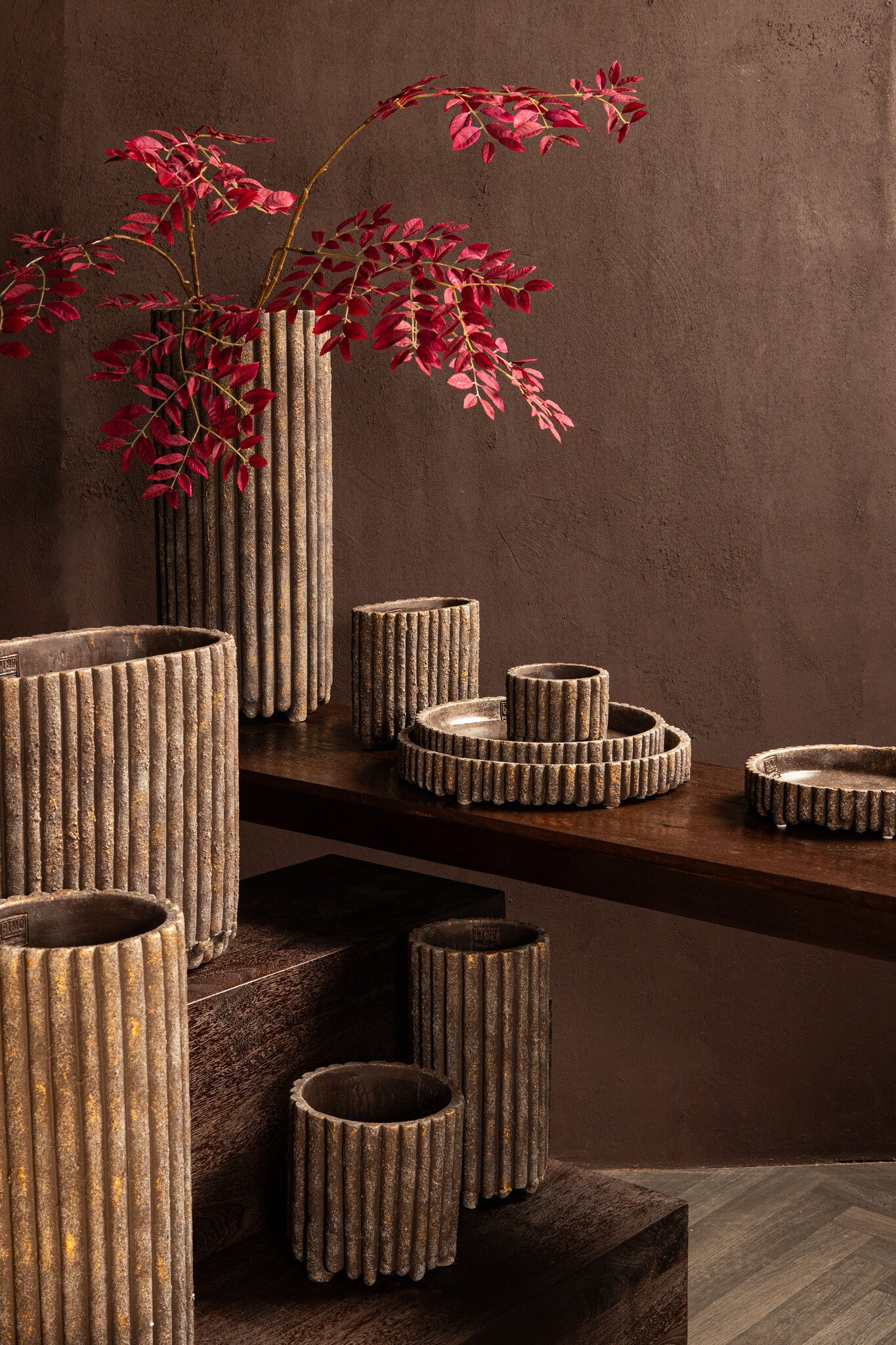 Morganne Brown Round Cement Pot Ribbed High M