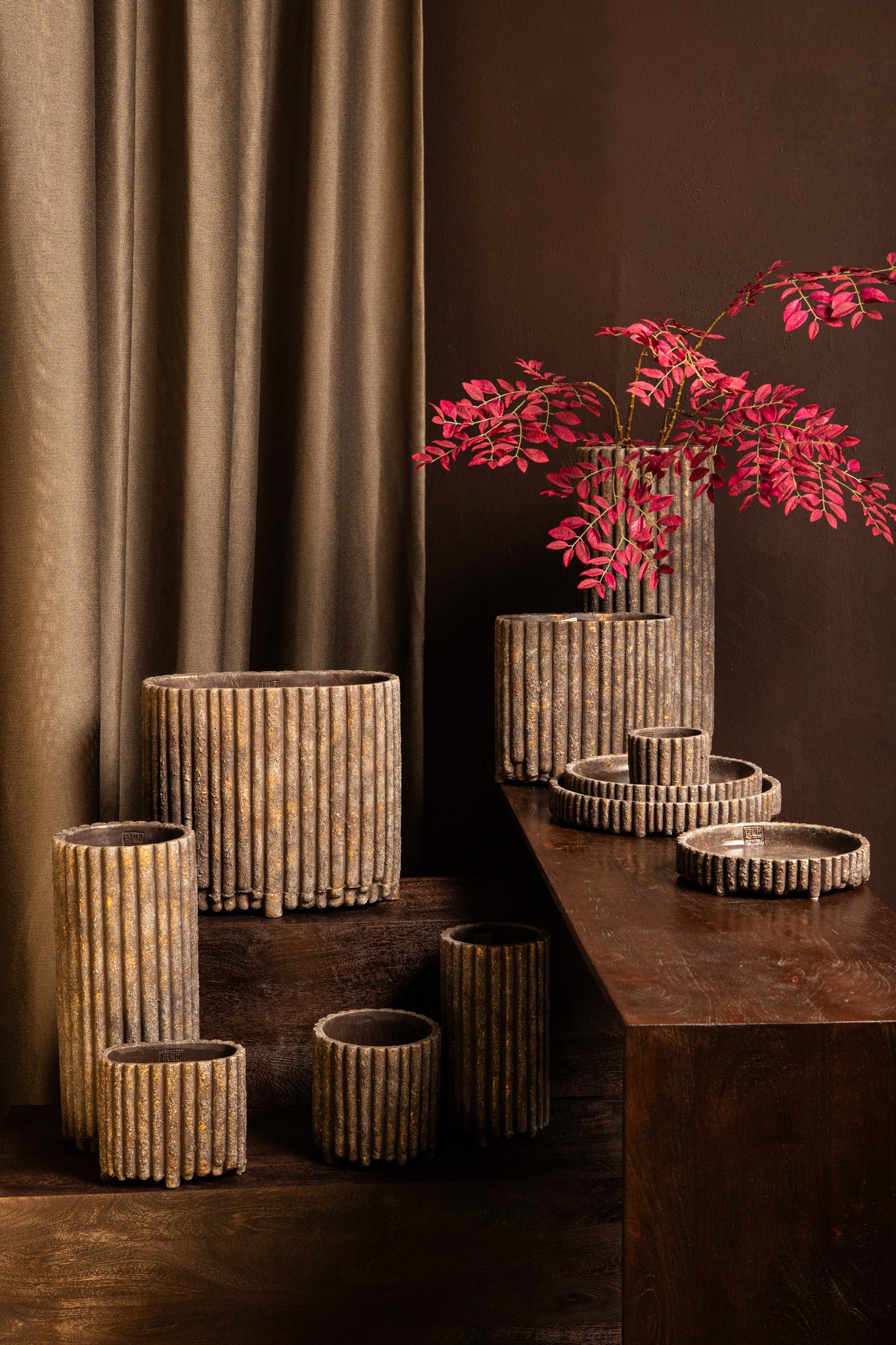 Morganne Brown Round Cement Pot Ribbed High L