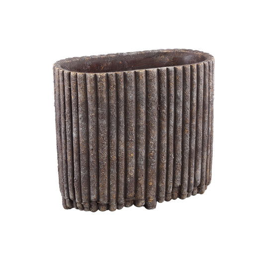 Morganne Brown Oval Cement Pot Ribbed Lines L