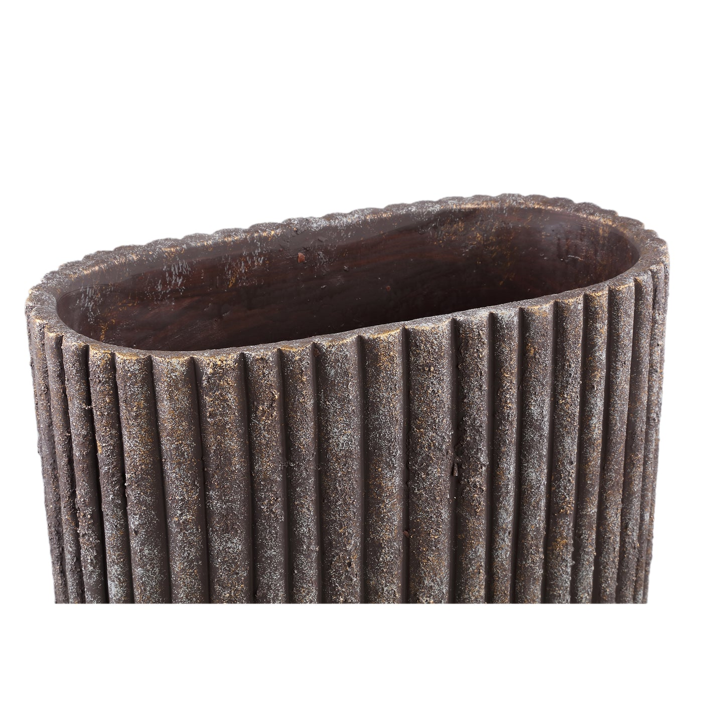Morganne Brown Oval Cement Pot Ribbed Lines L