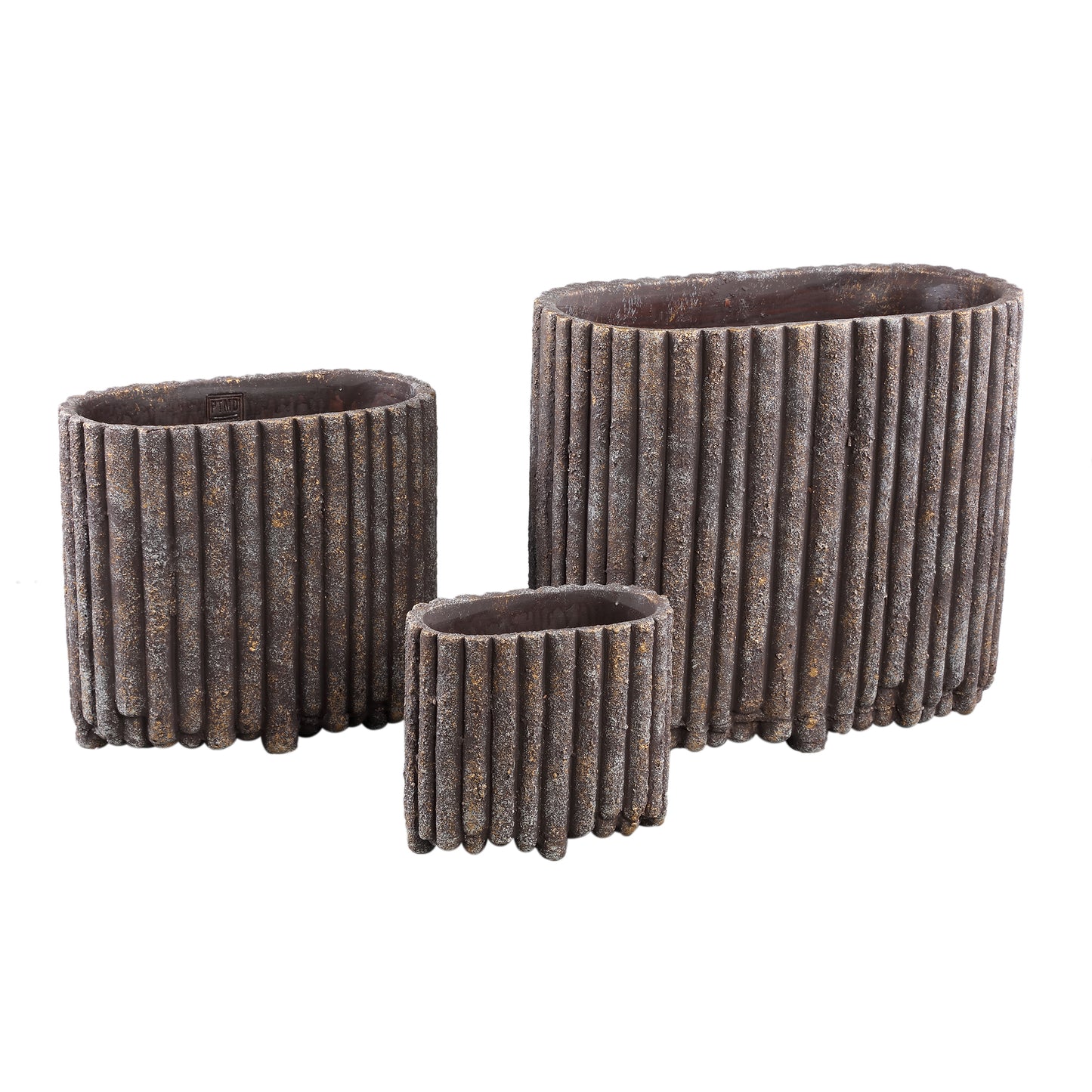 Morganne Brown Oval Cement Pot Ribbed Lines L