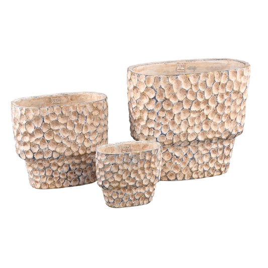 Liselot Brown Oval Cement Pot Stamped Pattern M