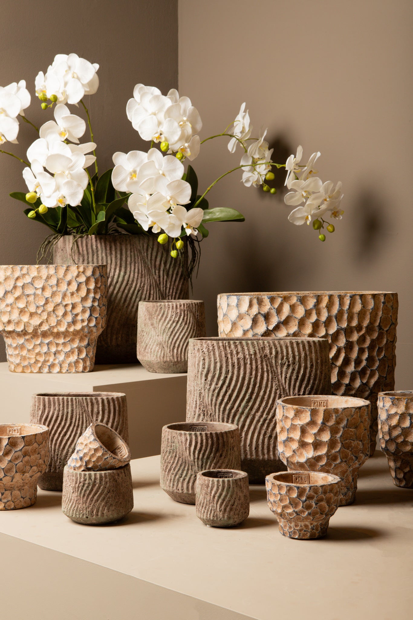 Diesel Grey Oval Cement Pot Wavy Lines Rough M