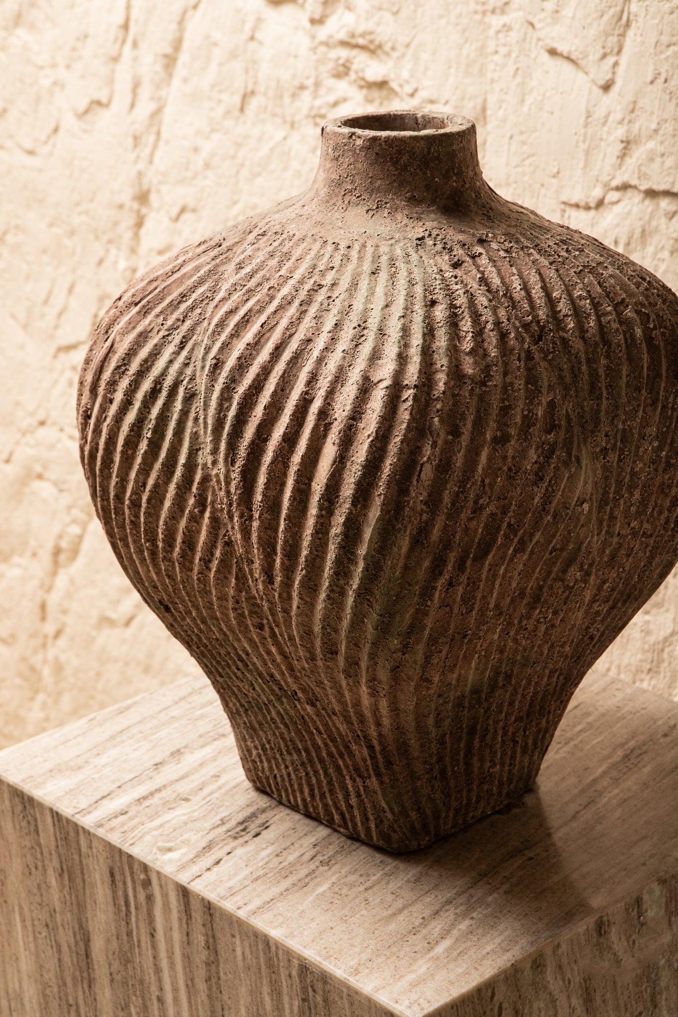 Diesel Grey Round Cement Vase Wavy Lines High L