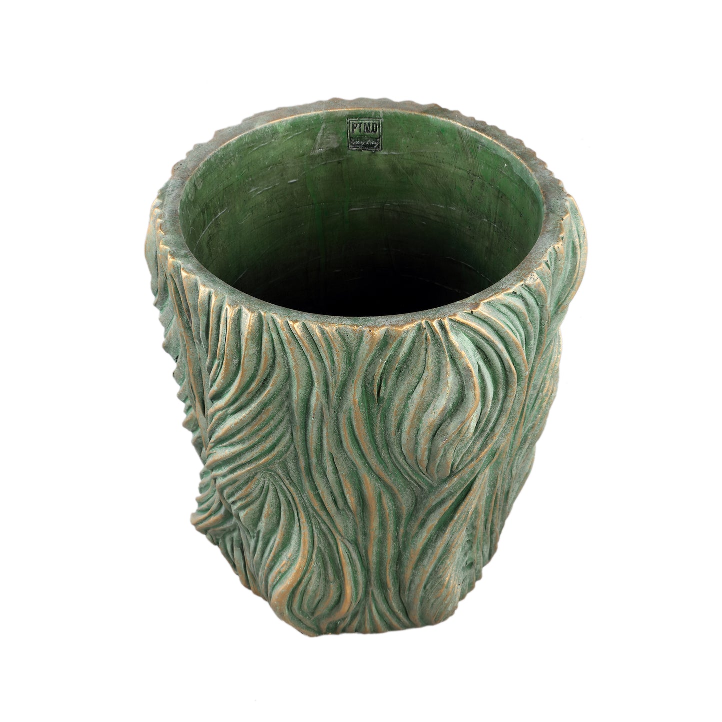 Alexio Green Round Cement Pot Wavy Lines Low XXL