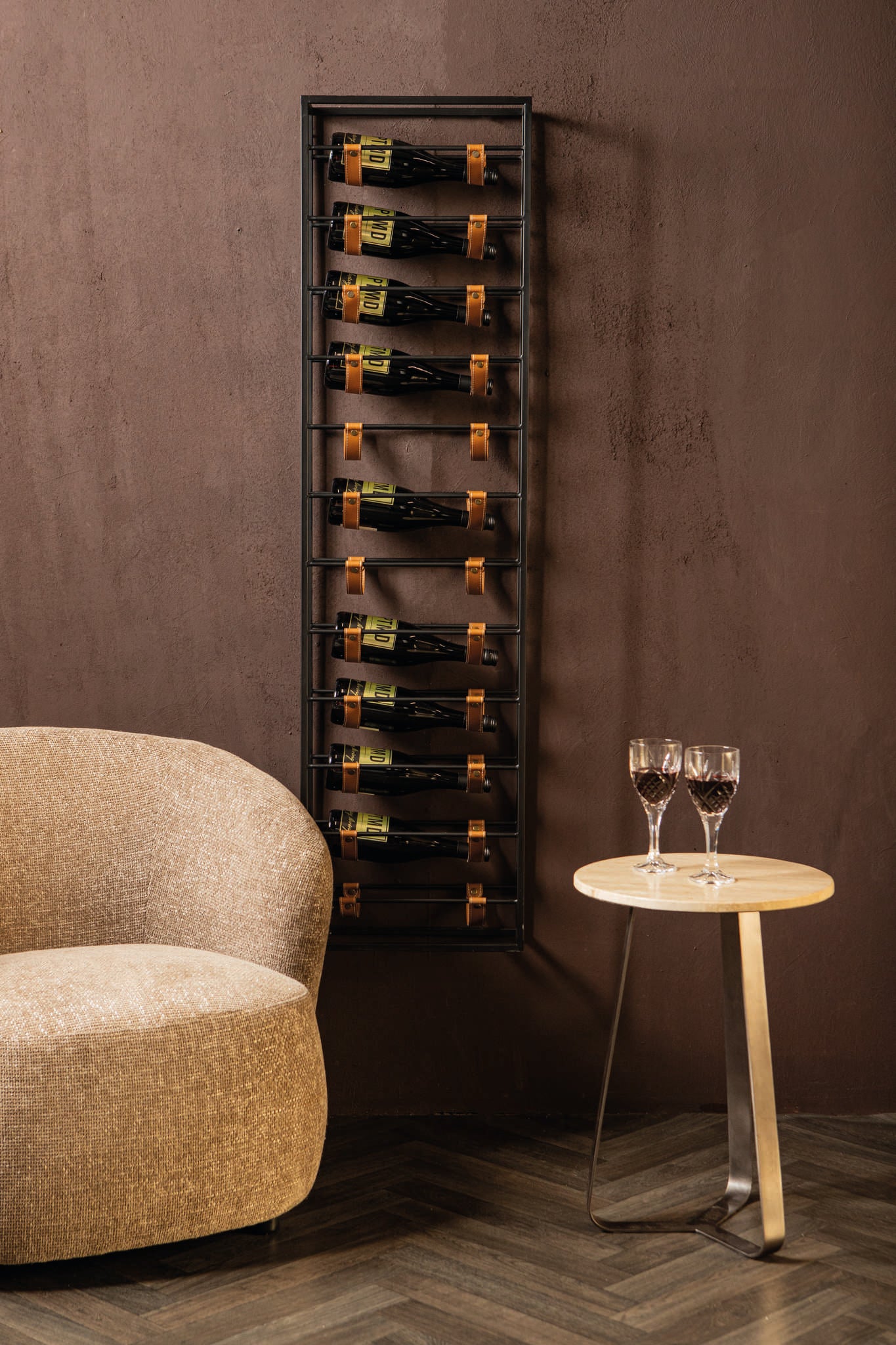 Kyrann Black Rectangle Iron Wine Rack With Leather