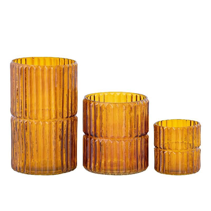 Hosanna Amber Rond Gerimpeld Glazen Windlicht Set van 8 Stuks 15x11x11 cm