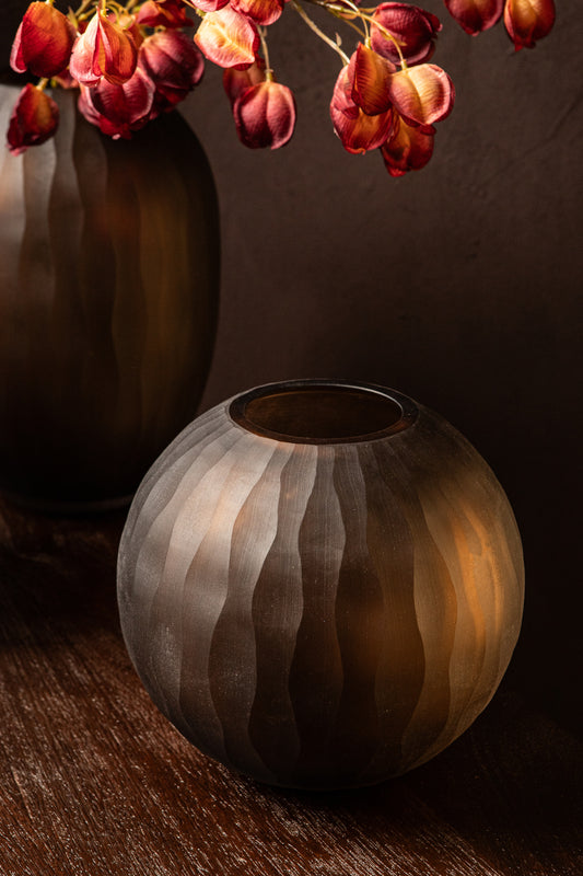 Mishan Brown Glass Round Vase Carved Wavy PatternS