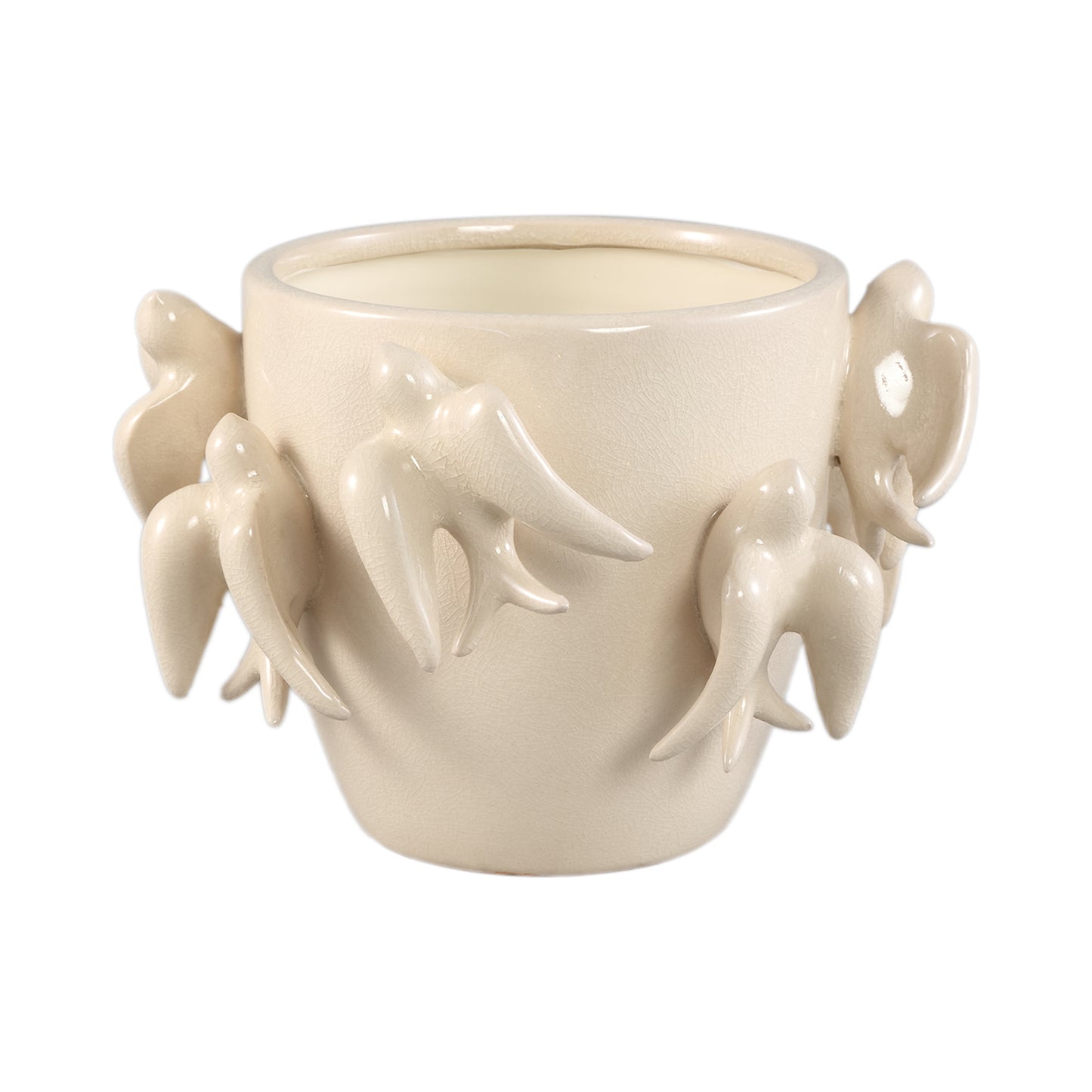 Emmelyn White Round Ceramic Glazed Pot Birds S