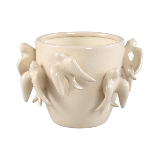 Emmelyn White Round Ceramic Glazed Pot Birds S