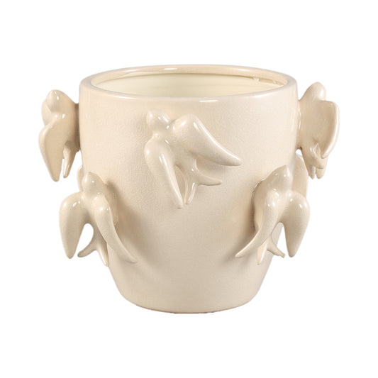 Emmelyn White Round Ceramic Glazed Pot Birds M