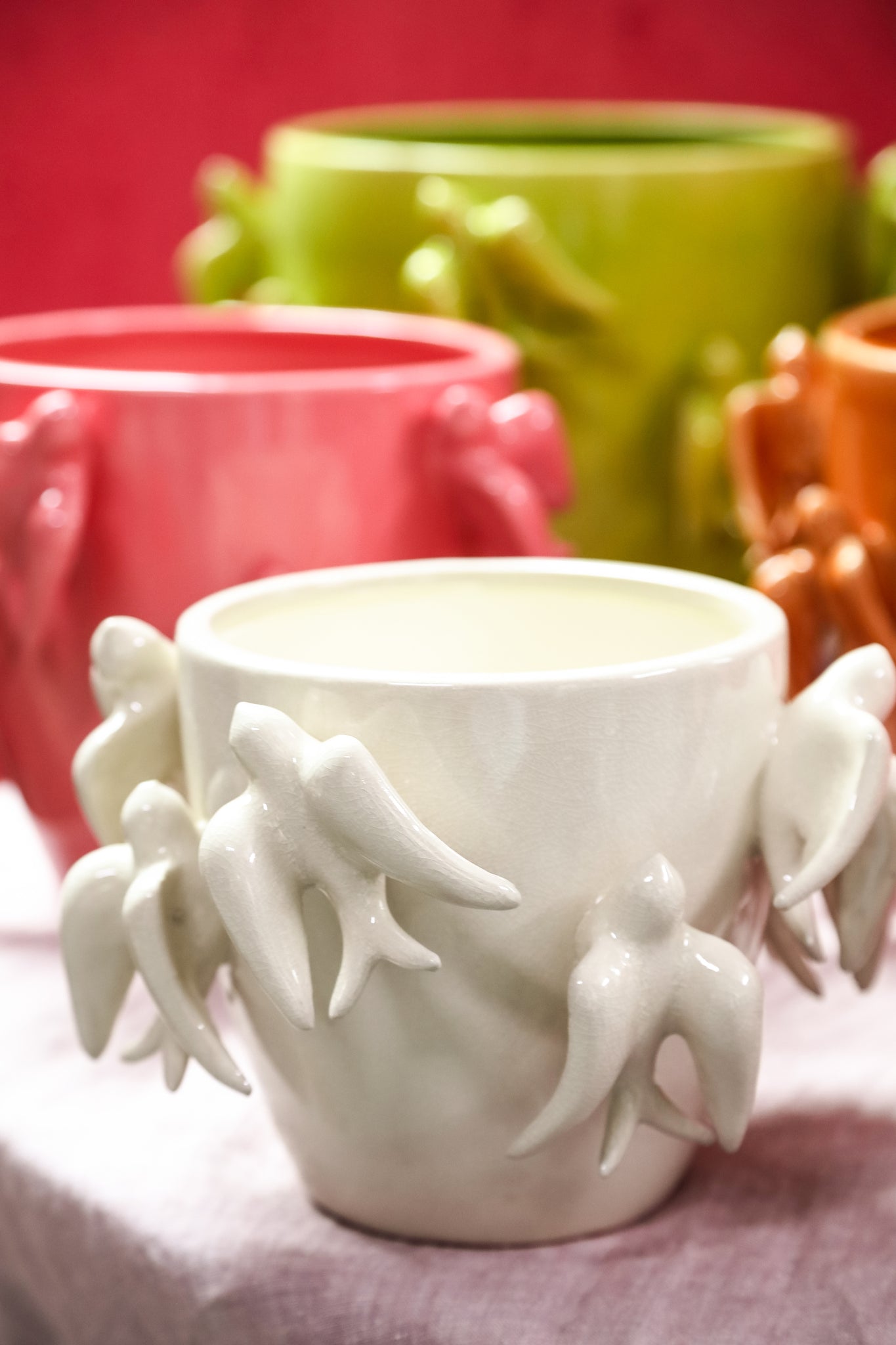 Emmelyn White Round Ceramic Glazed Pot Birds M