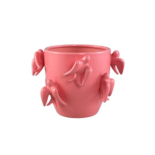 Emmelyn Pink Round Ceramic Glazed Pot Birds M