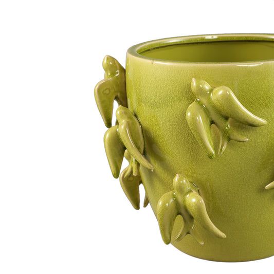 Emmelyn Green Round Ceramic Glazed Pot Birds L