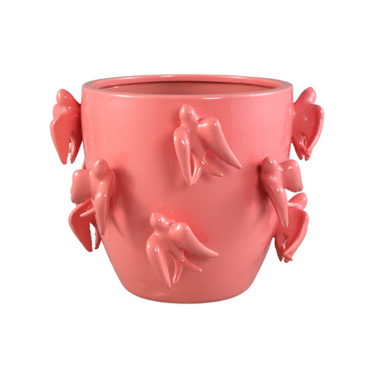 Emmelyn Pink Round Ceramic Glazed Pot Birds L