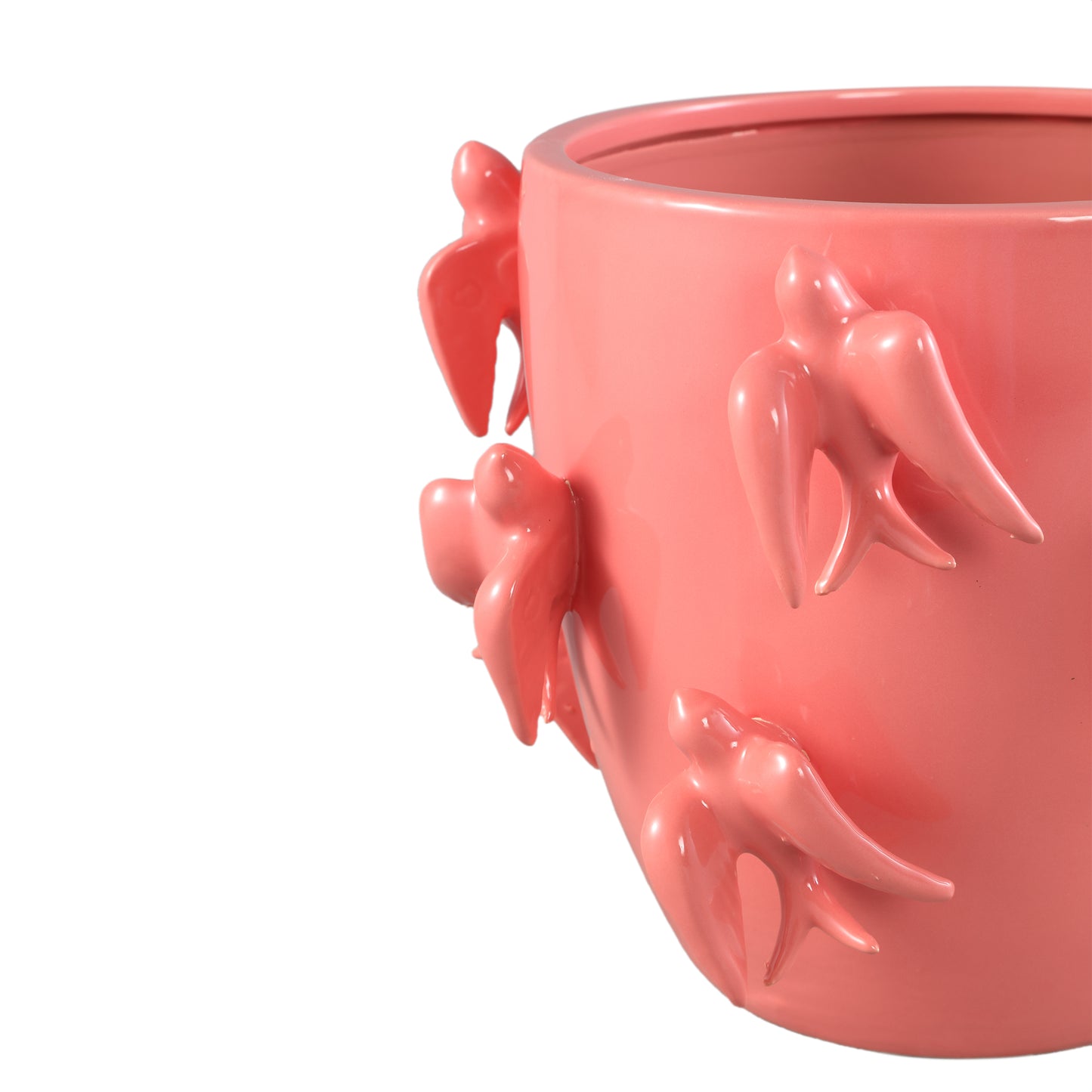 Emmelyn Pink Round Ceramic Glazed Pot Birds L
