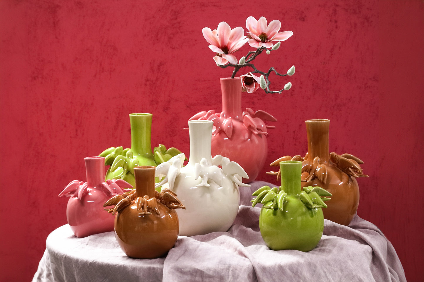 Emmelyn Pink Bulb Ceramic Glazed Vase Birds S