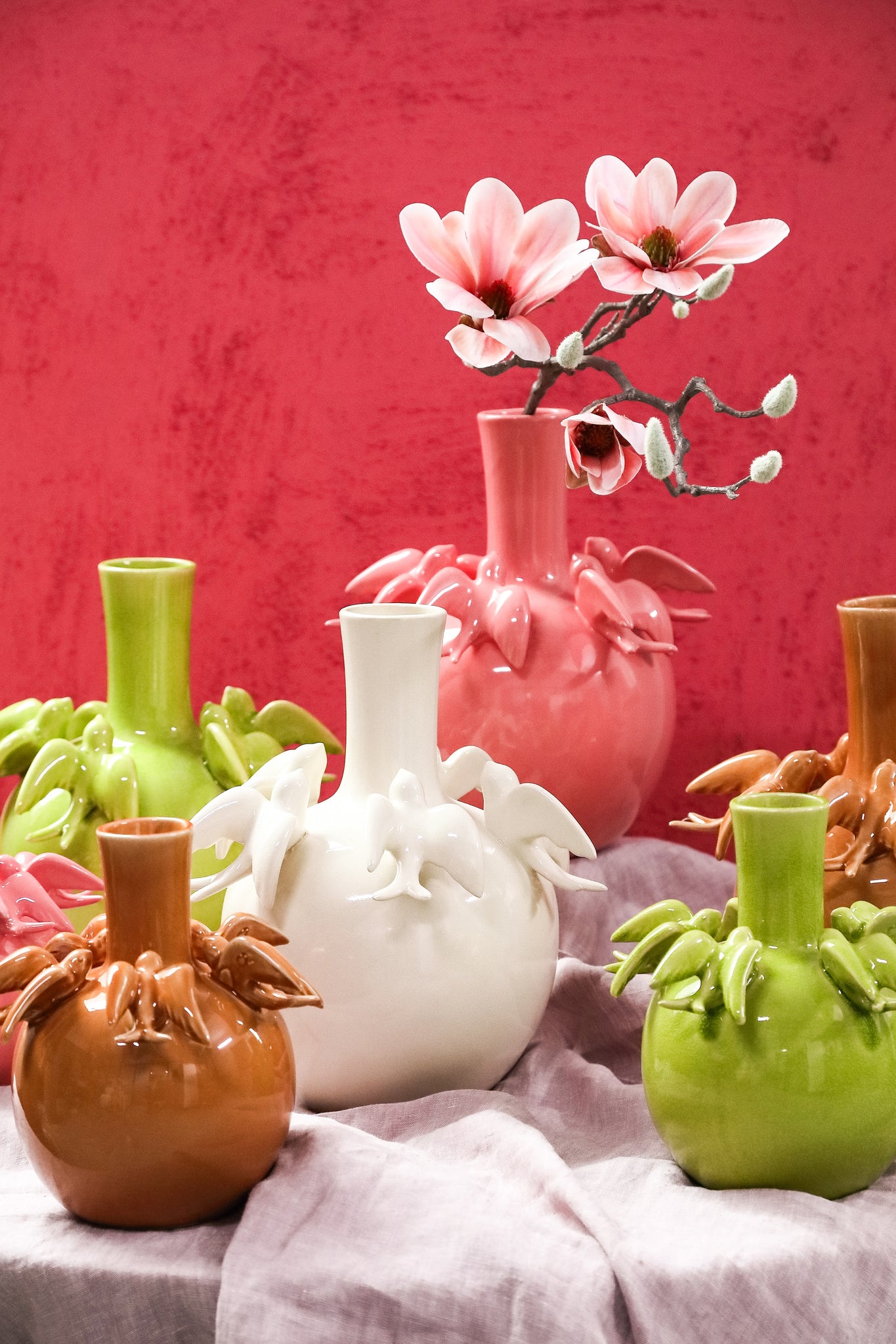 Emmelyn Pink Bulb Ceramic Glazed Vase Birds S