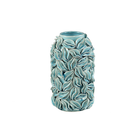 Zubeda Blauwe Ronde Glazuurde Keramische Pot Met Bladeren S 25x16.5x16.5 cm