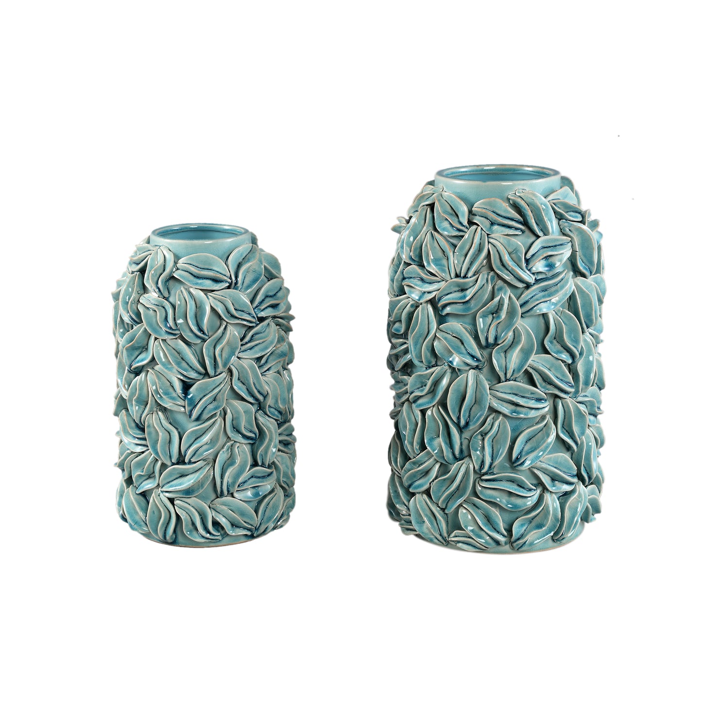 Zubeda Blue Round Glazed Ceramic Pot With Leaves L