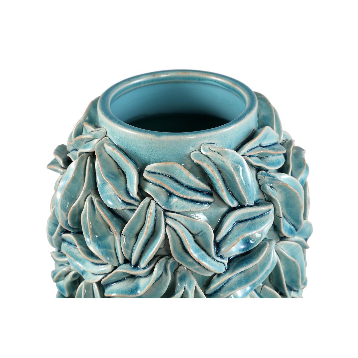 Zubeda Blue Round Glazed Ceramic Pot With Leaves L