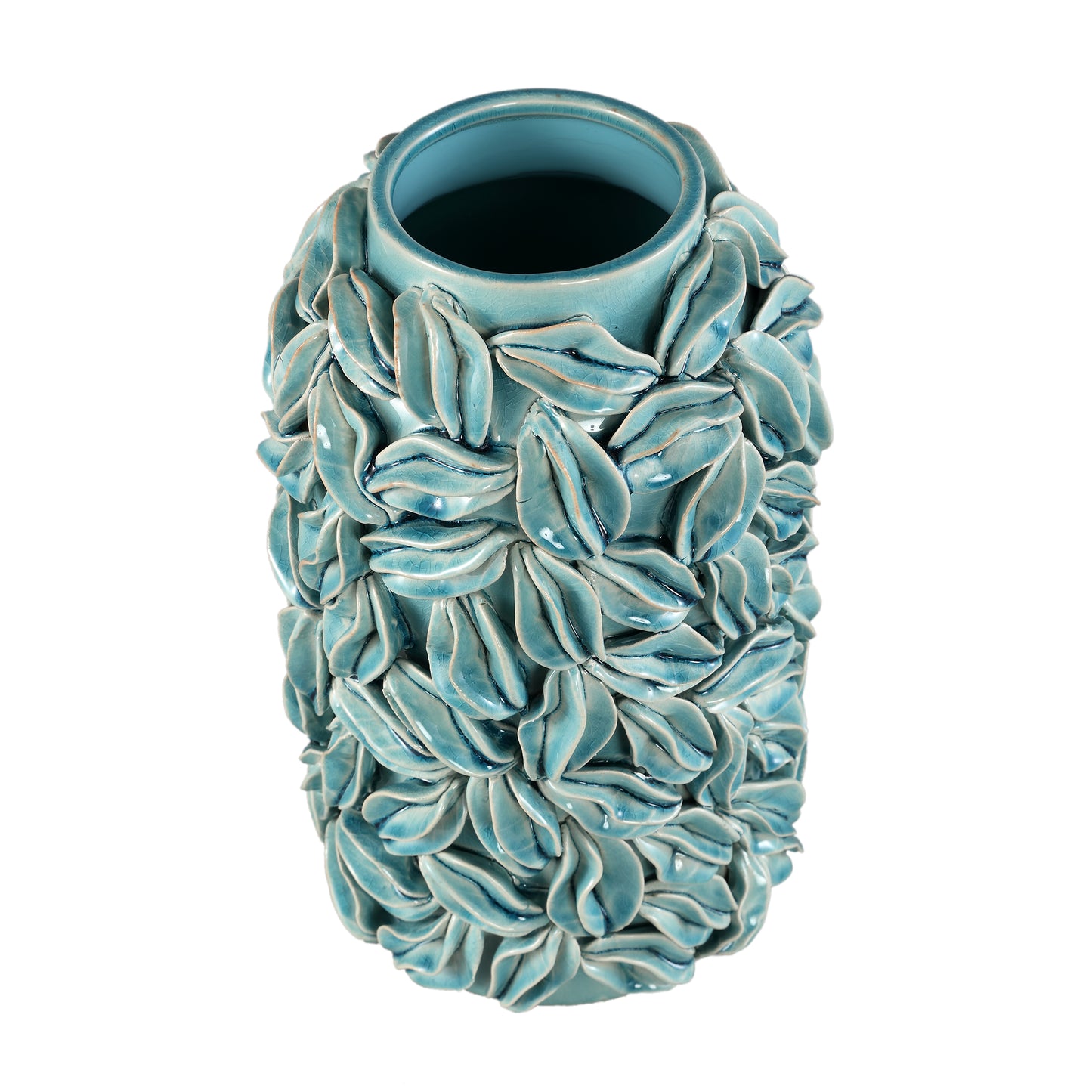 Zubeda Blue Round Glazed Ceramic Pot With Leaves L