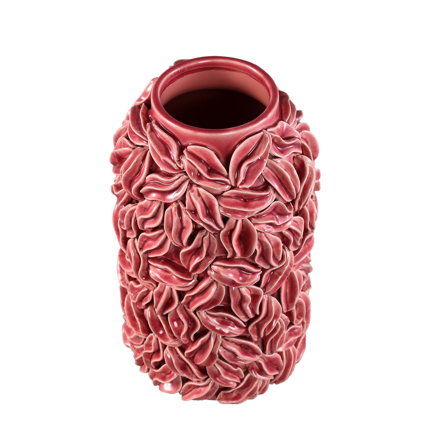 Zubeda Pink Round Glazed Ceramic Pot With Leaves L