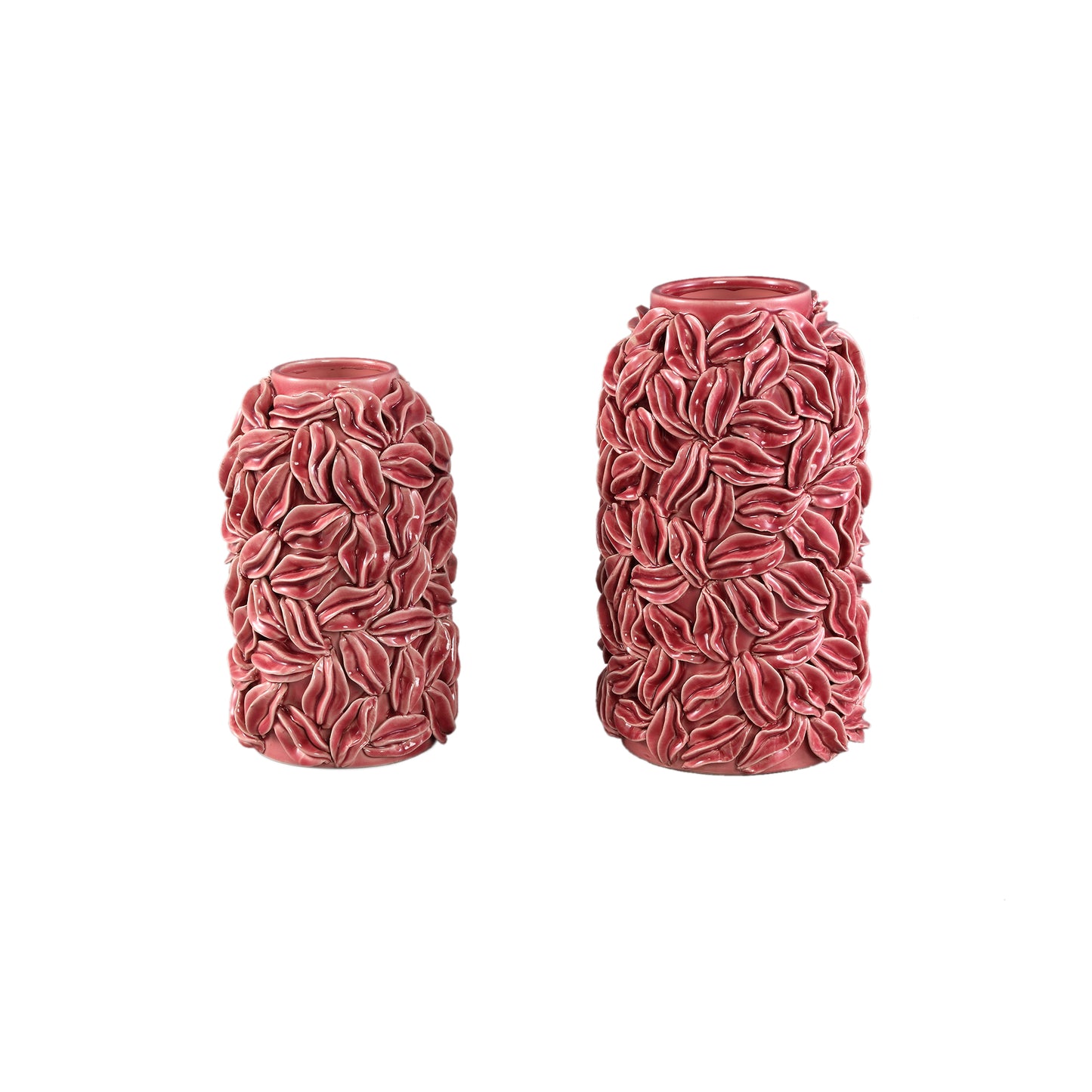 Zubeda Pink Round Glazed Ceramic Pot With Leaves L