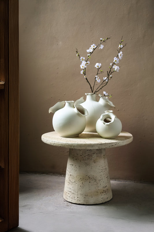 Umme Cream Round Glazed Ceramic Vase Wavy Edges S