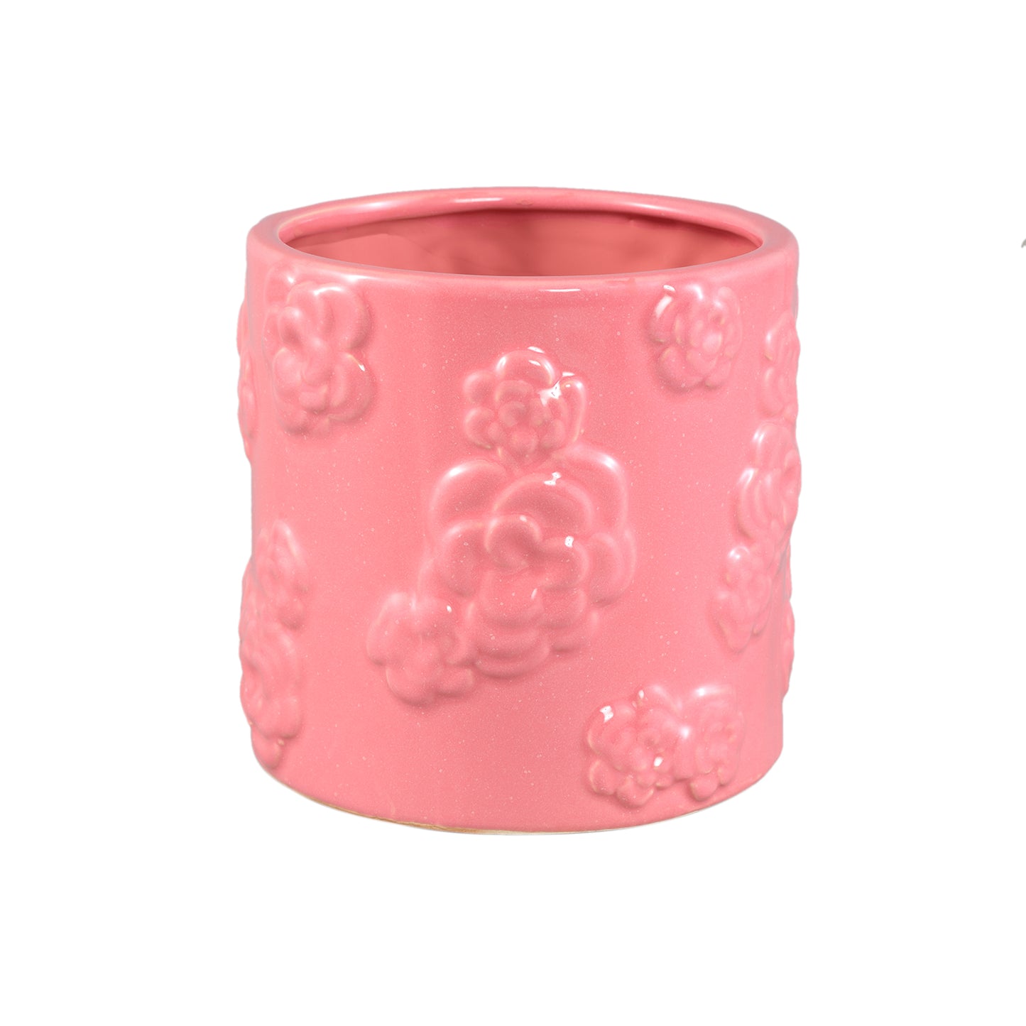 Filep Pink Round Glazed Ceramic Pot With Flowers M