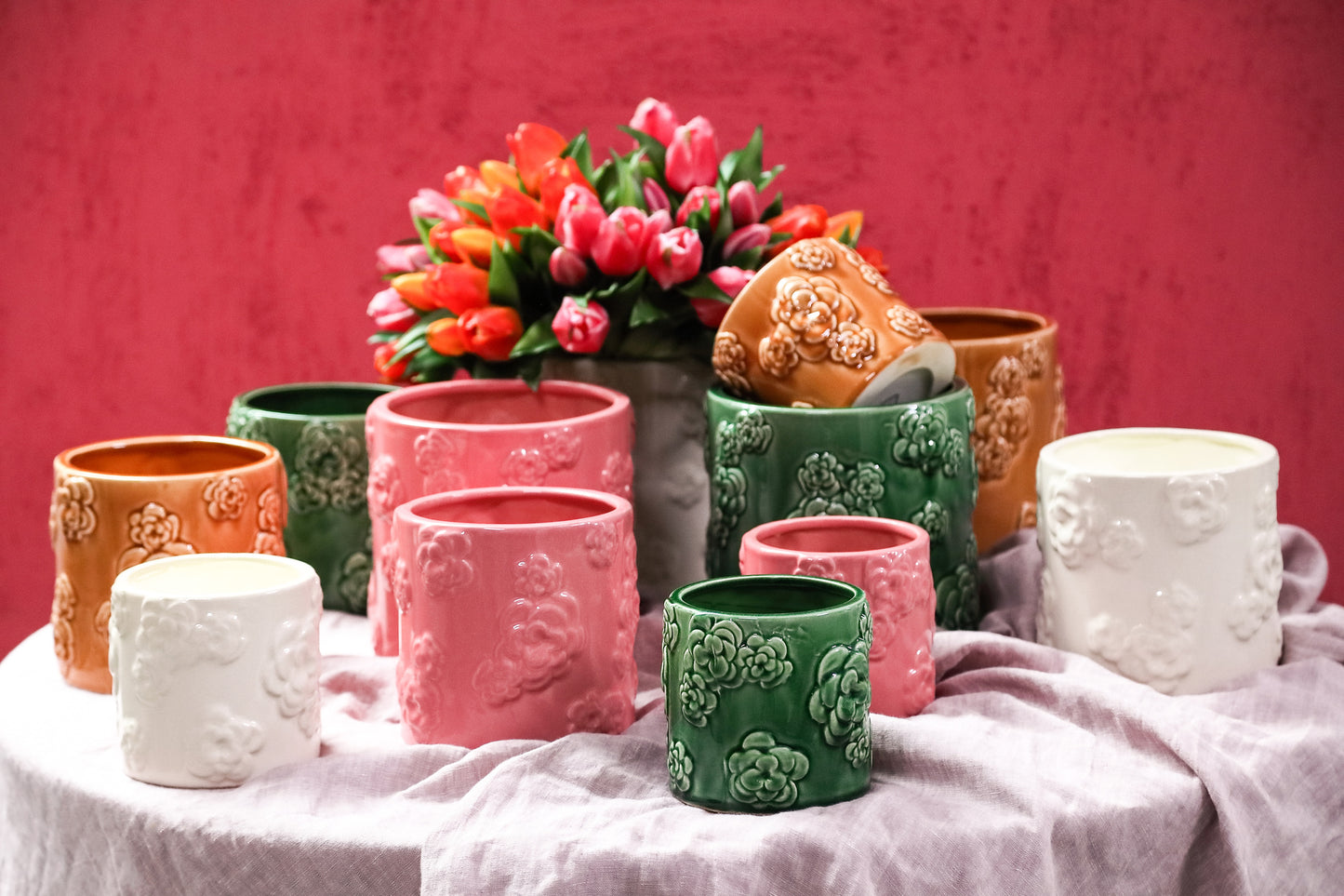 Filep Pink Round Glazed Ceramic Pot With Flowers M