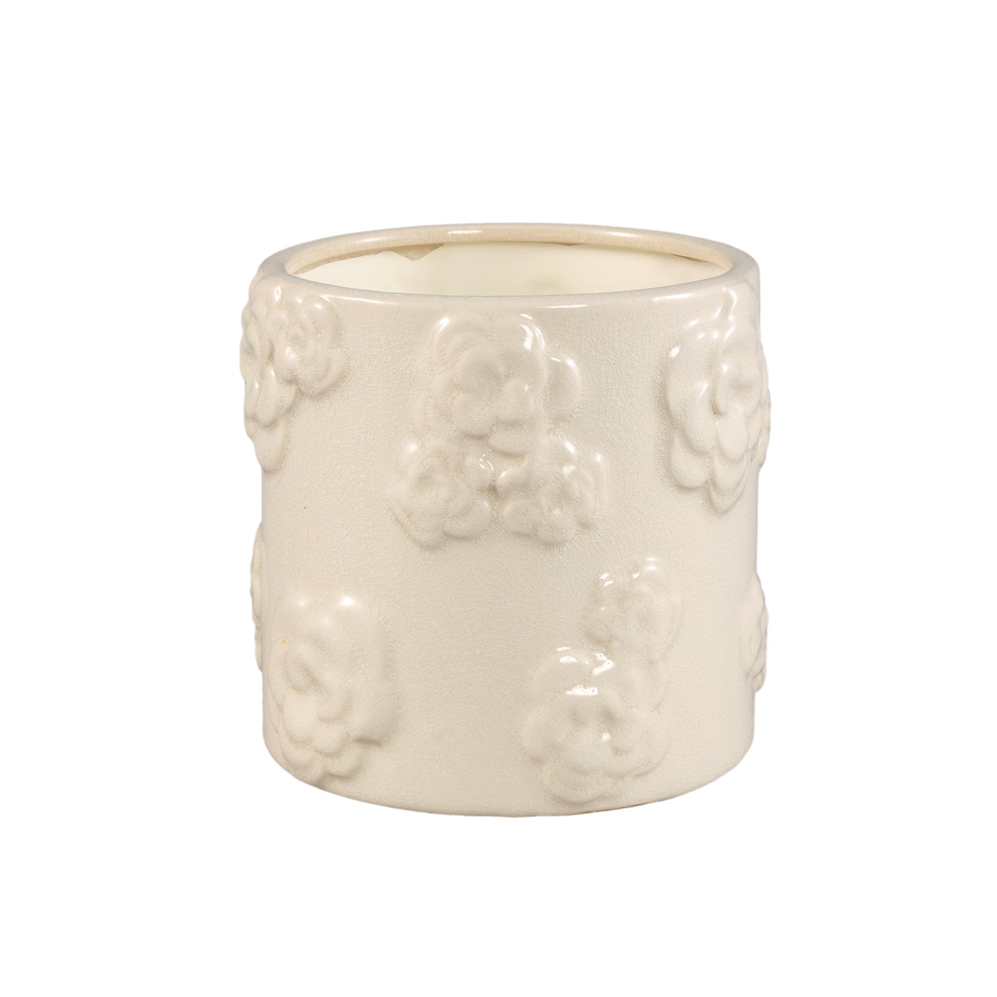 Filep White Round Glazed Ceramic Pot W Flowers M