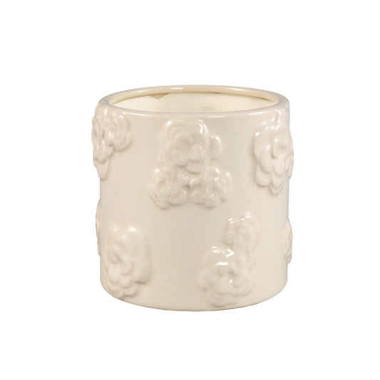 Filep White Round Glazed Ceramic Pot W Flowers M